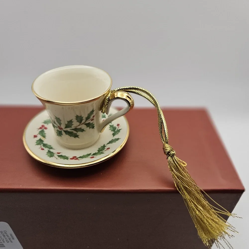 Lenox Hanging Cup & Saucer Ornament, White/Green/Red/Gold Floral Christmas